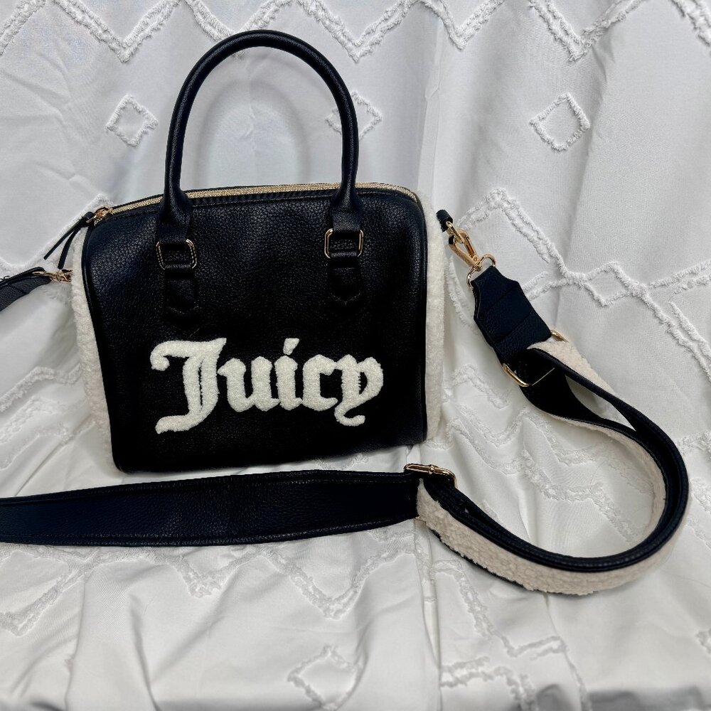 Juicy Couture Flashback Satchel Black White Crossbody Bowler Purse Sherpa
